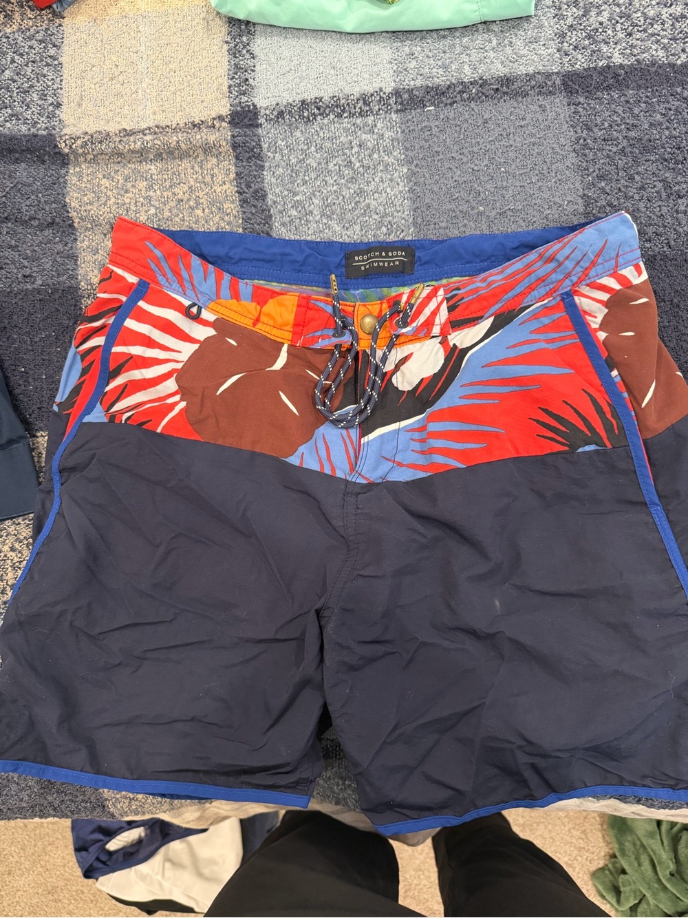 Scotch & Soda Navy Swim Trunks with Red Tropical Waistband